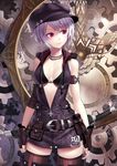  bare_shoulders belt bra breasts cleavage fingerless_gloves gears gloves k+ light_smile lingerie medium_breasts open_clothes open_vest original purple_hair red_eyes short_hair solo sword thighhighs underwear unzipped vest weapon zettai_ryouiki zipper 