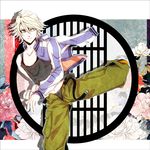  bad_id bad_pixiv_id blonde_hair ivan_karelin jacket kicking letterman_jacket male_focus off_shoulder purple_eyes purple_jacket solo tank_top tiger_&amp;_bunny ventunesimo 