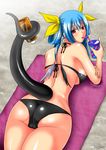  arc_system_works ass back bikini blue_hair cup dizzy guilty_gear looking_back lying mutsu red_eyes shiny swimsuit tail 