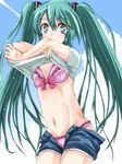  aqua_eyes aqua_hair bikini cloud day frills hatsune_miku long_hair navel open_fly shirt_lift shorts sky solo swimsuit t_shatsu twintails unbuttoned unzipped very_long_hair vocaloid 