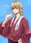  ? aqua_eyes barnaby_brooks_jr blonde_hair blue_eyes bottle glasses japanese_clothes kimono male_focus milk ran_(rantksn) red_kimono robe solo tiger_&amp;_bunny towel wet wet_hair yukata 