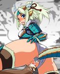  anus armor ass blue_eyes blush capcom cum cum_in_mouth from_behind green_hair jinouga monster_hunter open_mouth panties penis pussy tears uncensored underwear zinogre_(armor) 