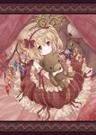  adapted_costume blonde_hair bow curtains flandre_scarlet hairband highres kuro_(pixiv213382) looking_up plaid red_eyes short_hair side_ponytail smile solo stuffed_animal stuffed_toy teddy_bear touhou unmoving_pattern wings 