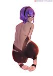  ass backless_outfit bare_back bare_shoulders black_hairband commentary dark_skin english_commentary fate/grand_order fate_(series) feet from_behind full_body hairband hassan_of_serenity_(fate) looking_at_viewer looking_back no_shoes open_mouth purple_eyes purple_hair short_hair shoulder_blades simple_background soles solo stirrup_legwear toeless_legwear toes tofuubear white_background 