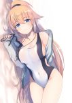  1girl absurdres bangs bare_shoulders bed_sheet blonde_hair blue_eyes blush breasts cleavage closed_mouth collarbone commentary_request competition_swimsuit covered_navel dyson_(edaokunnsaikouya) eyebrows_visible_through_hair eyewear_removed fate/grand_order fate_(series) fingernails hair_between_eyes hand_up head_tilt high_ponytail highres holding holding_eyewear jacket jeanne_d&#039;arc jeanne_d&#039;arc_(fate) jeanne_d'arc_(fate) jeanne_d'arc_(fate)_(all) jeanne_d'arc_(swimsuit_archer) large_breasts long_hair lying off_shoulder on_side one-piece_swimsuit open_clothes open_jacket ponytail sleeves_past_wrists smile solo swimsuit swimsuits very_long_hair whistle whistle_around_neck white_background white_jacket white_swimsuit 