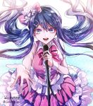  :d blue_eyes blue_hair bow danganronpa danganronpa_1 floating_hair hair_bow hair_ornament hair_ribbon hairclip holding holding_microphone idol layered_skirt long_hair looking_at_viewer maizono_sayaka microphone neck_ribbon open_mouth outstretched_arm pink_bow pink_ribbon pink_shirt ribbon shiny shiny_hair shirt sleeveless sleeveless_shirt smile solo standing star star_hair_ornament twitter_username very_long_hair white_ribbon z-epto_(chat-noir86) 