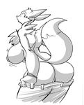  big_breasts big_butt black_and_white breasts butt canine chest_tuft clothing digimon female fox fur hanging_breasts huge_breasts jaeh jeans mammal monochrome nipples pants plain_background pussy renamon tuft white_background 