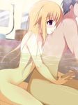  1boy 1girl artist_request bath blonde_hair blush breast_press breasts censored charlotte_dunois cum erection from_behind handjob highres infinite_stratos long_hair mixed_bathing nude open_mouth penis reach-around reach_around two-handed_handjob water wet 