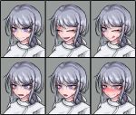  1girl :d :o ;q blush burn_scar chart dorei_to_no_seikatsu_~teaching_feeling~ expressions eyebrows_visible_through_hair eyes_closed face grey_background grey_hair hair_ornament hair_ribbon hairclip hat heart heart-shaped_pupils highres long_hair looking_at_viewer multiple_views nose_blush nurse nurse_cap official_art older one_eye_closed open_mouth ponytail purple_eyes ray-k ribbon scar simple_background smile sweatdrop sylvie_(dorei_to_no_seikatsu) symbol-shaped_pupils tongue tongue_out white_ribbon 