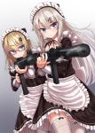  2girls 9a-91 9a-91_(girls_frontline) aiming apron as_val as_val_(girls_frontline) assault_rifle black_dress blonde_hair blue_eyes closed_mouth dress finger_on_trigger frilled_dress frills garter_straps girls_frontline glasses gradient gradient_background gun hair_between_eyes hair_ornament highres holding holding_gun holding_weapon long_sleeves looking_at_viewer maid maid_apron maid_headdress multiple_girls red-framed_eyewear rifle silver_hair smoke thighhighs waist_apron weapon white_legwear yakob_labo 