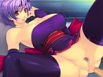  1girl ass ayane ayane_(doa) bare_shoulders boxing_ring breasts censored cleavage dead_or_alive elbow_gloves gloves headband huge_breasts japanese_clothes large_breasts legs looking_down lying no_panties on_back penis pink_eyes pubic_hair purple_hair pussy short_hair socks spread_legs tecmo thick_thighs thighs yoko_juusuke yoko_jyusuke 