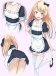  1girl alternate_costume apron ass blonde_hair blue_eyes blush commentary_request cup eyebrows_visible_through_hair gradient gradient_background highres jervis_(kantai_collection) kantai_collection looking_at_viewer maid maid_apron maid_headdress open_mouth panties shoes solo thighhighs underwear victorian_maid vipper_captain white_legwear white_panties 