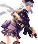  ammunition ammunition_belt assault_rifle bangs beret black_hat black_legwear blunt_bangs breasts closed_mouth cowboy_shot eyebrows_visible_through_hair finger_on_trigger girls_frontline gloves green_eyes gun hair_ornament hat heckler_&amp;_koch hk416 hk416_(girls_frontline) holding holding_gun holding_weapon jacket large_breasts long_hair long_sleeves looking_at_viewer miniskirt parted_lips plaid plaid_skirt pleated_skirt rifle rosuuri simple_background skirt solo strap_gap thighhighs very_long_hair weapon white_background white_hair zettai_ryouiki 