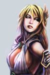  armpits blonde_hair blue_eyes breasts cleavage earrings highres jewelry large_breasts lips long_hair mature nagumo_(qmzp10) realistic sideboob simple_background solo sophitia_alexandra soulcalibur soulcalibur_iv upper_body very_long_hair 