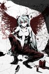  bad_id bad_pixiv_id banned_artist bow cigarette fujiwara_no_mokou hair_bow navel open_clothes open_shirt paint red_eyes s_tanly shirt silver_hair sitting solo touhou wings 