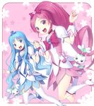  blue_choker blue_eyes blue_hair blue_skirt boots bow choker chypre_(heartcatch_precure!) coffret_(heartcatch_precure!) cure_blossom cure_marine eyelashes floral_background hair_ornament hanasaki_tsubomi heart heartcatch_precure! holding_hands kichiroku knee_boots kurumi_erika legs long_hair magical_girl multiple_girls pink_background pink_bow pink_choker pink_eyes pink_hair ponytail precure skirt thighhighs very_long_hair white_legwear wrist_cuffs 