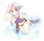  barefoot bikini black_wings kage_no_utage mutsumi_(utawareru_mono) red_eyes short_hair sidelocks silver_hair solo swimsuit utawareru_mono water wings 