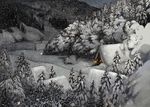  bad_pixiv_id house kui_ryouko lamp landscape mountain no_humans original scenery snow snowing tree village 