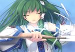  arm_at_side bangs blue_background closed_eyes collared_shirt detached_sleeves eyebrows_visible_through_hair foreshortening frog_hair_ornament gohei green_hair hair_ornament hair_tubes highres holding kochiya_sanae long_hair long_sleeves messy_hair outstretched_arms parted_lips red_ribbon ribbon rokuwata_tomoe shirt sleeveless sleeveless_shirt snake_hair_ornament solo touhou upper_body white_shirt wide_sleeves 