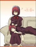  blush closed_eyes couch dagashi_(place) ear_cleaning hisui japanese_clothes kimono kohaku lap_pillow lowres maid_headdress mimikaki multiple_girls red_hair ribbon siblings sleeping slippers tsukihime twins 