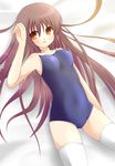  bad_id bad_pixiv_id brown_hair competition_swimsuit long_hair lying one-piece_swimsuit orange_eyes original oumi_neneha solo swimsuit thighhighs 