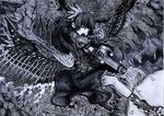  bone bow chotto graphite_(medium) greyscale hair_bow long_hair monochrome reiuji_utsuho solo touhou traditional_media wings 