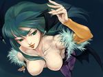  animal_print bare_shoulders bat_print bat_wings breasts demon_girl green_eyes green_hair head_wings kushizukino_ayame long_hair medium_breasts morrigan_aensland pantyhose print_legwear solo succubus vampire_(game) wings 