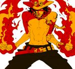  belt black_hair blood buckle fire food freckles fruit hat inzup jewelry male_focus necklace one_piece orange portgas_d_ace shirtless solo tattoo white_background 