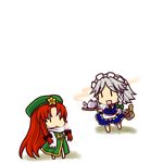  2girls basket beret bread breath chibi food hat hong_meiling izayoi_sakuya maid maid_headdress multiple_girls red_hair scarf silver_hair simple_background socha steam tea touhou 