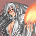 breasts cleavage crazy_eyes fire fujiwara_no_mokou grin hands large_breasts long_hair smile solo supu teeth touhou unbuttoned 