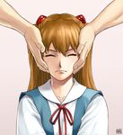  azasuke closed_eyes closed_mouth frown hands headgear long_hair long_sleeves neon_genesis_evangelion orange_hair school_uniform serafuku shikinami_asuka_langley solo_focus souryuu_asuka_langley very_long_hair wince 