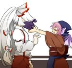  closed_eyes dakkarubi embarrassed failure fujiwara_no_mokou in_the_face long_hair long_sleeves multiple_girls mystia_lorelei nervous obentou okamisty profile short_hair tasuki touhou 