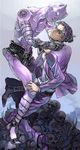  belt formal gloves highres jojo_no_kimyou_na_bouken killer_queen kira_yoshikage male_focus necktie purple_eyes purple_hair skull slit_pupils stand_(jojo) suit touge_(kubiwa_tsuki) 