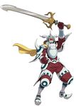  .hack//games .hack//link .hack//sign 1boy armor brown_hair cape facial_hair helmet horns male_focus mustache official_art red_eyes silver_knight_(.hack//) solo sword weapon 