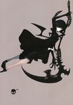  black_dress black_hair black_legwear black_rock_shooter curly_hair dead_master dress green_eyes holding holding_scythe horns huke leggings long_hair scythe simple_background solo wings 