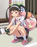  bad_id bad_pixiv_id bag bakemonogatari bandaid bandaid_on_knee black_hair book breasts hachikuji_mayoi hair_ribbon hairband legs monogatari_(series) panties red_eyes ribbon skirt small_breasts solo squatting sweat twintails underwear white_panties yuuhi_(ages) 