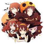  3girls animal_ears asahina_mikuru black_hair broom cloak hair_ornament halloween hat kemonomimi_mode kinokosuke koizumi_itsuki kyon long_hair multiple_boys multiple_girls nagato_yuki purple_hair ribbon short_hair suzumiya_haruhi suzumiya_haruhi_no_yuuutsu trick_or_treat 