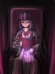  book bow colored_eyelashes fingernails glowing hair_bow hair_ribbon hands highres hitoto long_hair magic no_hat no_headwear patchouli_knowledge purple_hair reading ribbon sitting solo touhou 
