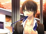  broken_glass glass glasses headphones hiyama_kiyoteru male_focus mouth_hold necktie open_clothes open_shirt shirotsugu shirt solo undressing vocaloid 