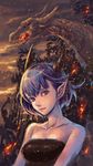  bad_id bad_pixiv_id bare_shoulders blue_hair copyright_request demon_girl dragon fire fujimaru_(green_sparrow) horns night pointy_ears short_hair solo 