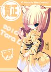  2010 animal_ears animal_print blonde_hair blue_eyes highres japanese_clothes kimono new_year solo tiger_ears tiger_print torisan 