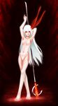  albino armpits arms_up bad_id bad_pixiv_id copyright_request detached_sleeves fingerless_gloves gloves highres navel red_eyes solo staff thighhighs toeless_legwear vincent_(artist) weapon white_hair 