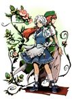  back-to-back blue_eyes braid china_dress chinese_clothes dress flower hat hong_meiling hounori izayoi_sakuya maid md5_mismatch multiple_girls plant red_eyes red_hair short_hair silver_hair touhou twin_braids vines 