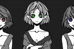 bags_under_eyes bare_shoulders blue_eyes collarbone crossed_arms frown green_eyes greyscale heterochromia japanese_clothes mizuhashi_parsee monochrome multiple_girls no_bra off_shoulder pointy_ears red_eyes smile spot_color tatara_kogasa tongue tongue_out touhou uewtsol 