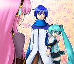  2girls akatsuki_tomoya aqua_eyes aqua_hair arm_hug blue_hair blue_scarf detached_sleeves hatsune_miku headphones headset kaito long_hair megurine_luka multiple_girls necktie pink_hair scarf skirt thighhighs twintails very_long_hair vocaloid 