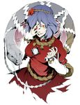  face glowing glowing_eyes hair_ornament kyo_(kuroichigo) leaf_hair_ornament purple_hair red_eyes rope short_hair snake solo touhou yasaka_kanako 