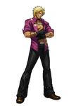  belt blonde_hair earrings gloves grin jewelry male_focus necklace official_art ogura_eisuke open_clothes open_shirt shen_woo shirt simple_background smile solo the_king_of_fighters the_king_of_fighters_xiii 