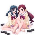  barefoot blue_hair blush feet hanasaki_tsubomi happy heartcatch_precure! highres kurumi_erika legs long_hair multiple_girls myoudou_gakuen_middle_school_uniform panties pantyshot precure red_hair sayousuke school_uniform sitting socks soles underwear 