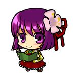  chibi dress flower hair_flower hair_ornament hieda_no_akyuu purple_eyes purple_hair scroll simple_background smile socha solo touhou 