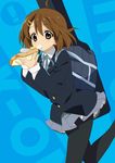  ahoge backpack bag bow bread brown_eyes brown_hair eating egg food guitar_case hair_ornament hairclip hirasawa_yui instrument_case k-on! pantyhose running sandwich school_uniform short_hair skirt solo youta 